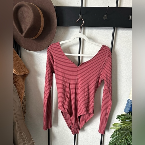 Urban Outfitters Tops - Urban outfitters out from under red stripe ribbed long sleeve low back bodysuit